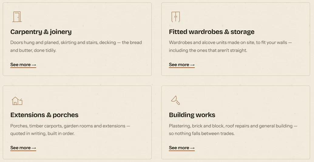 A services grid with four hand-drawn-style line icons in terracotta — a door, a wardrobe, a house extension and a trowel — above headings for carpentry, wardrobes, extensions and building works