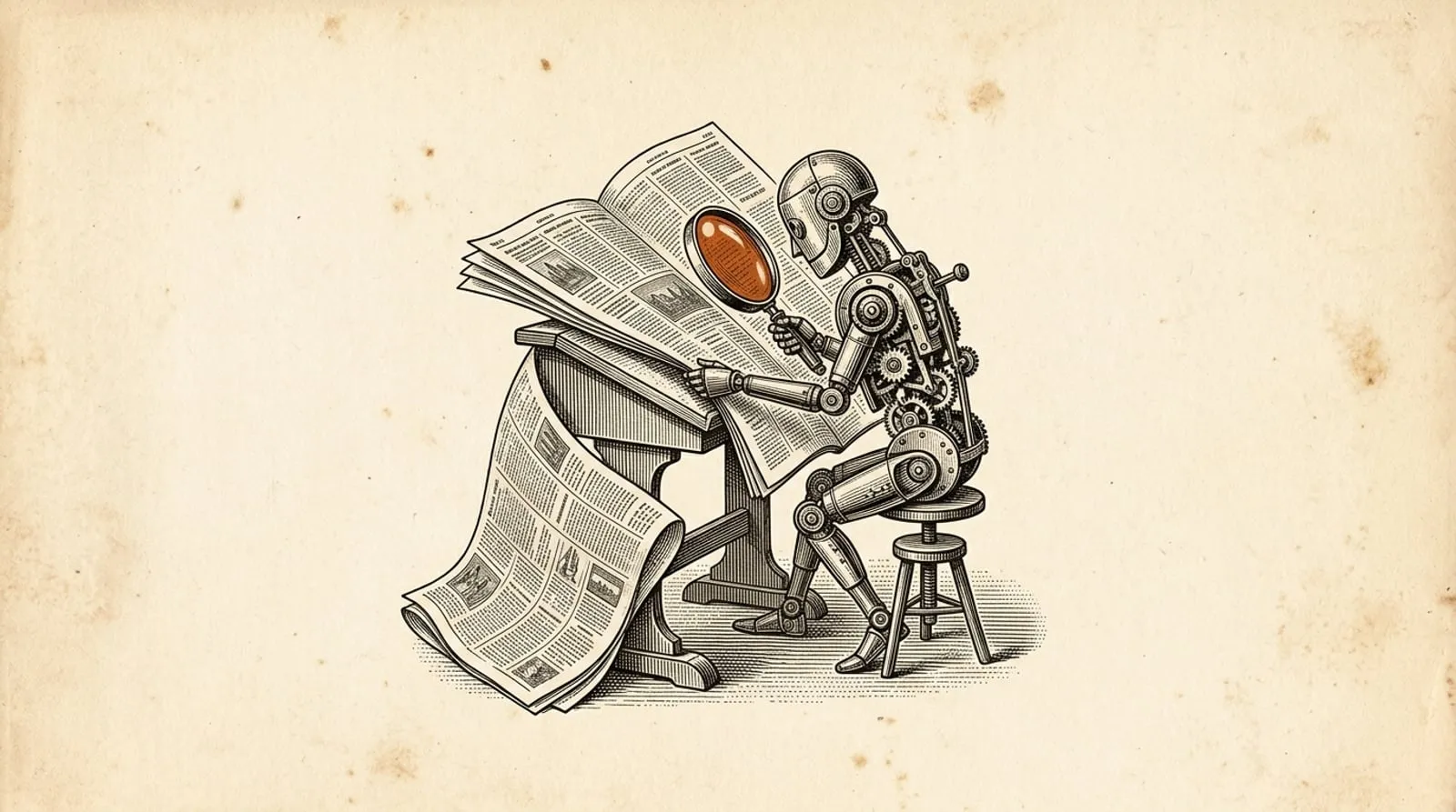 Vintage engraving of a clockwork automaton reading an enormous broadsheet newspaper through a terracotta-tinted magnifying glass