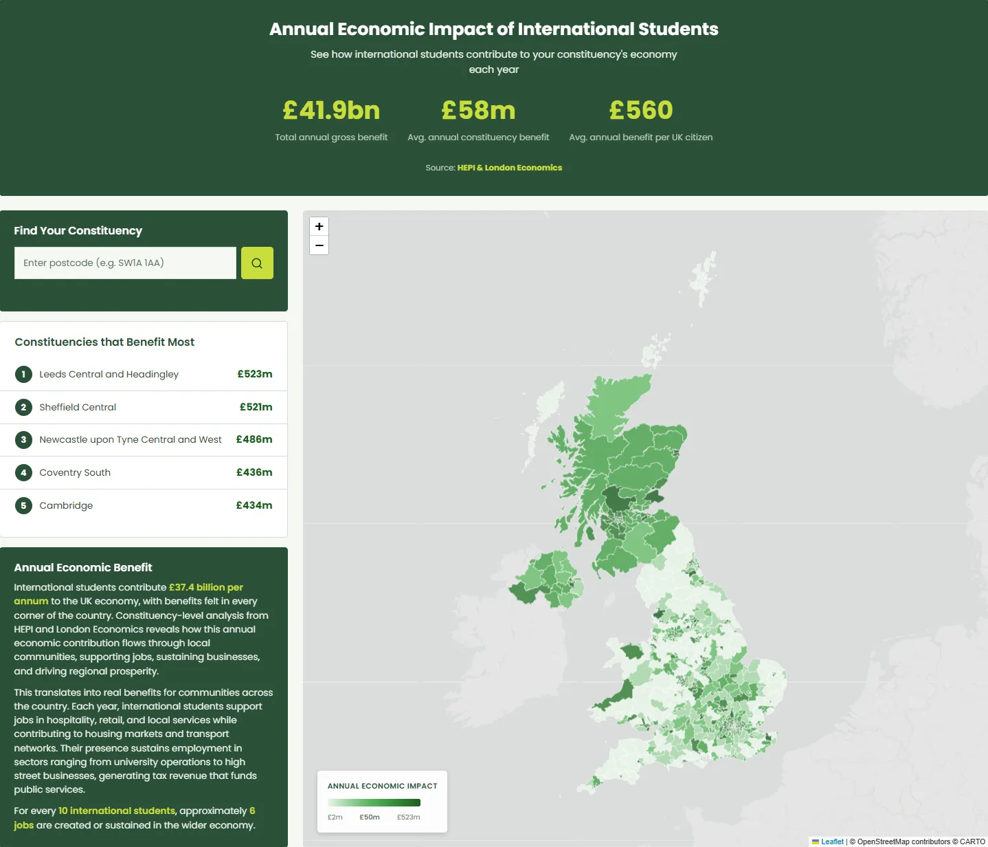 The impact map in full — headline economic figures above an interactive UK constituency map with a search box and a ranked list of the constituencies that benefit most