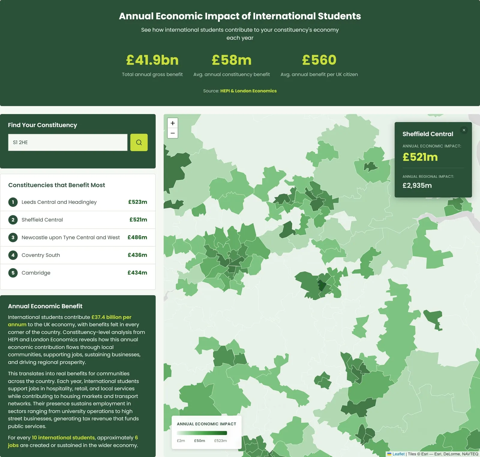 The impact map after a postcode search: S1 2HE entered in the Find Your Constituency box, the map zoomed to the area, and a panel naming Sheffield Central with an annual economic impact of £521m and a regional impact of £2,935m