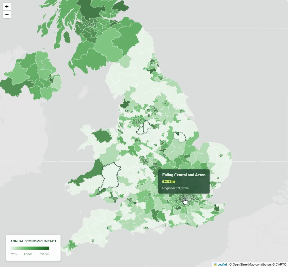 Zoomed into the map — hovering a constituency shows its annual economic impact, here Ealing Central and Acton at £202m