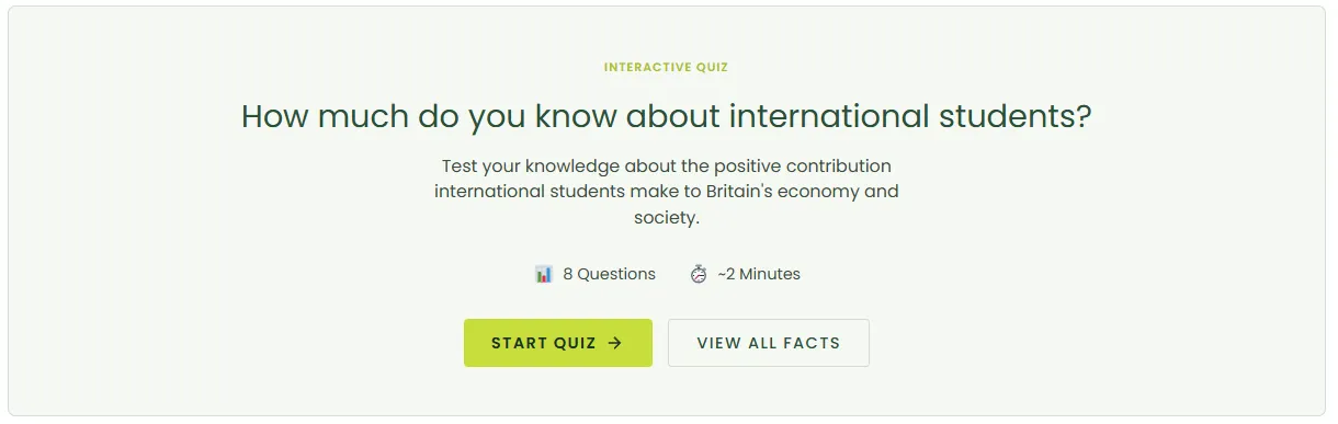 The quiz entry card — eight questions, about two minutes, challenging misconceptions about international students