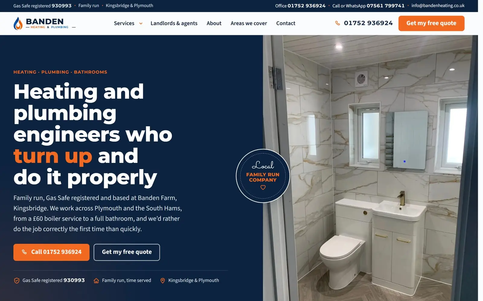 A heating and plumbing website shown in a browser window with the matching phone view: a deep navy page, a finished bathroom, the Gas Safe number and a call button