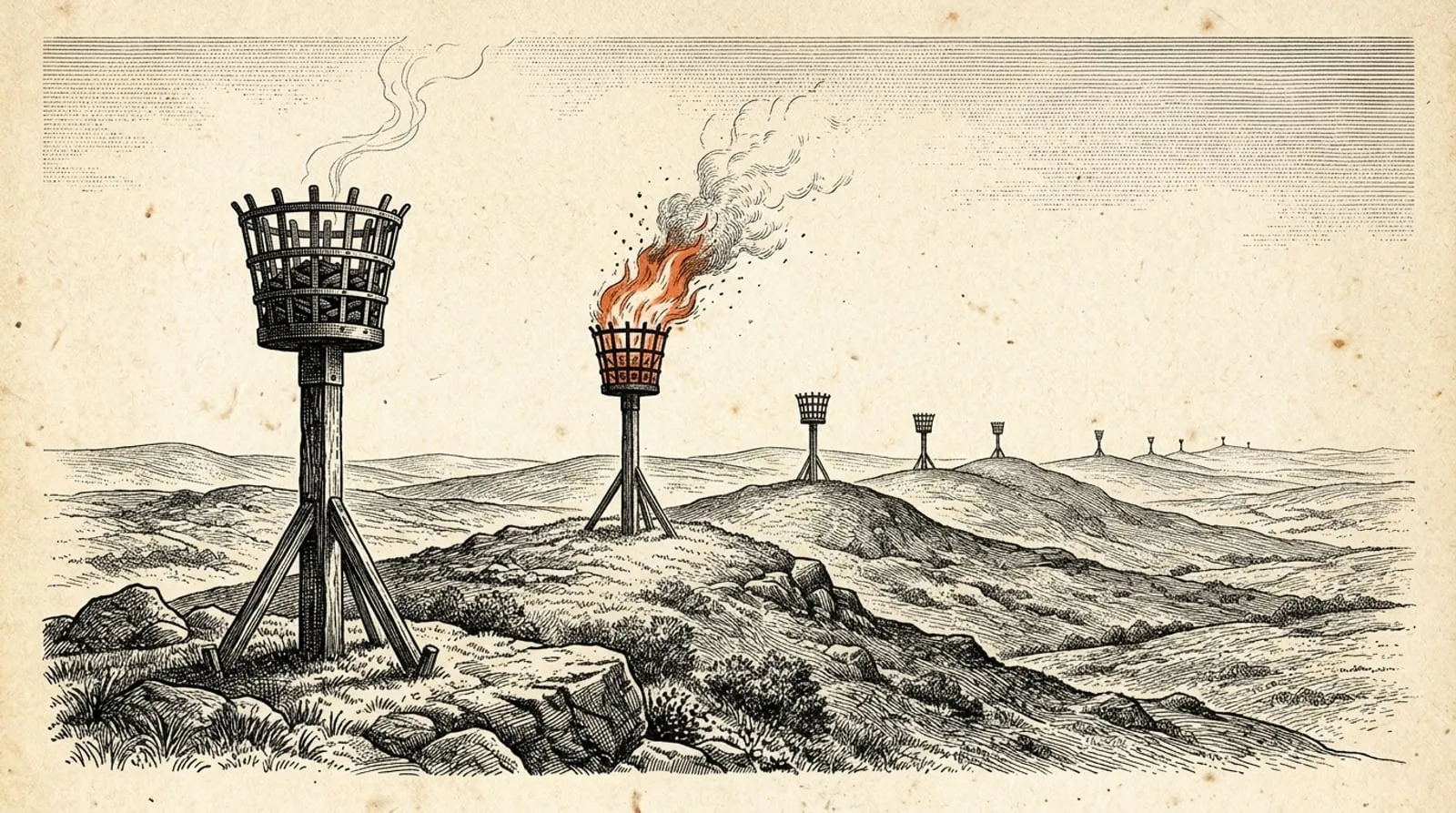 Vintage engraving of a chain of iron fire beacons across moorland hills, the nearest one dark with a wisp of smoke, the next one along burning in terracotta