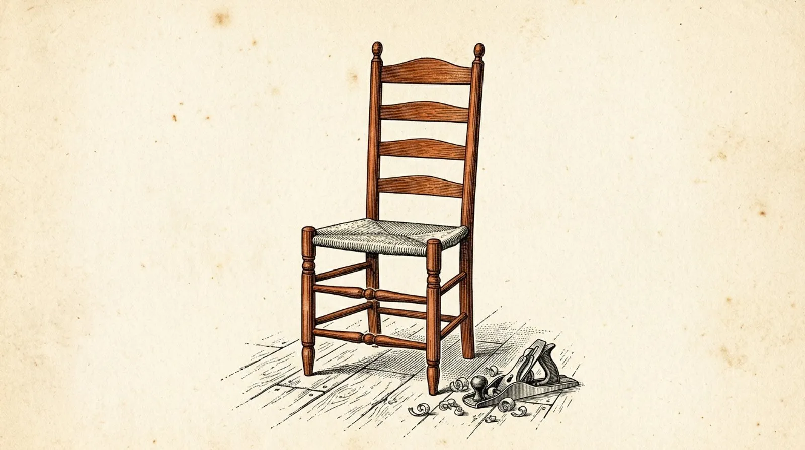 Vintage engraving of a finished wooden chair standing alone in an empty carpenter's workshop, tools laid down, the door open to daylight, the chair picked out in terracotta