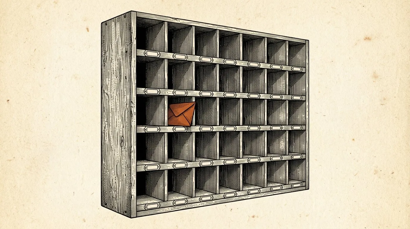 Vintage engraving of a wooden post office sorting rack of empty pigeonholes with blank nameplates, a single letter tucked into one of them picked out in terracotta