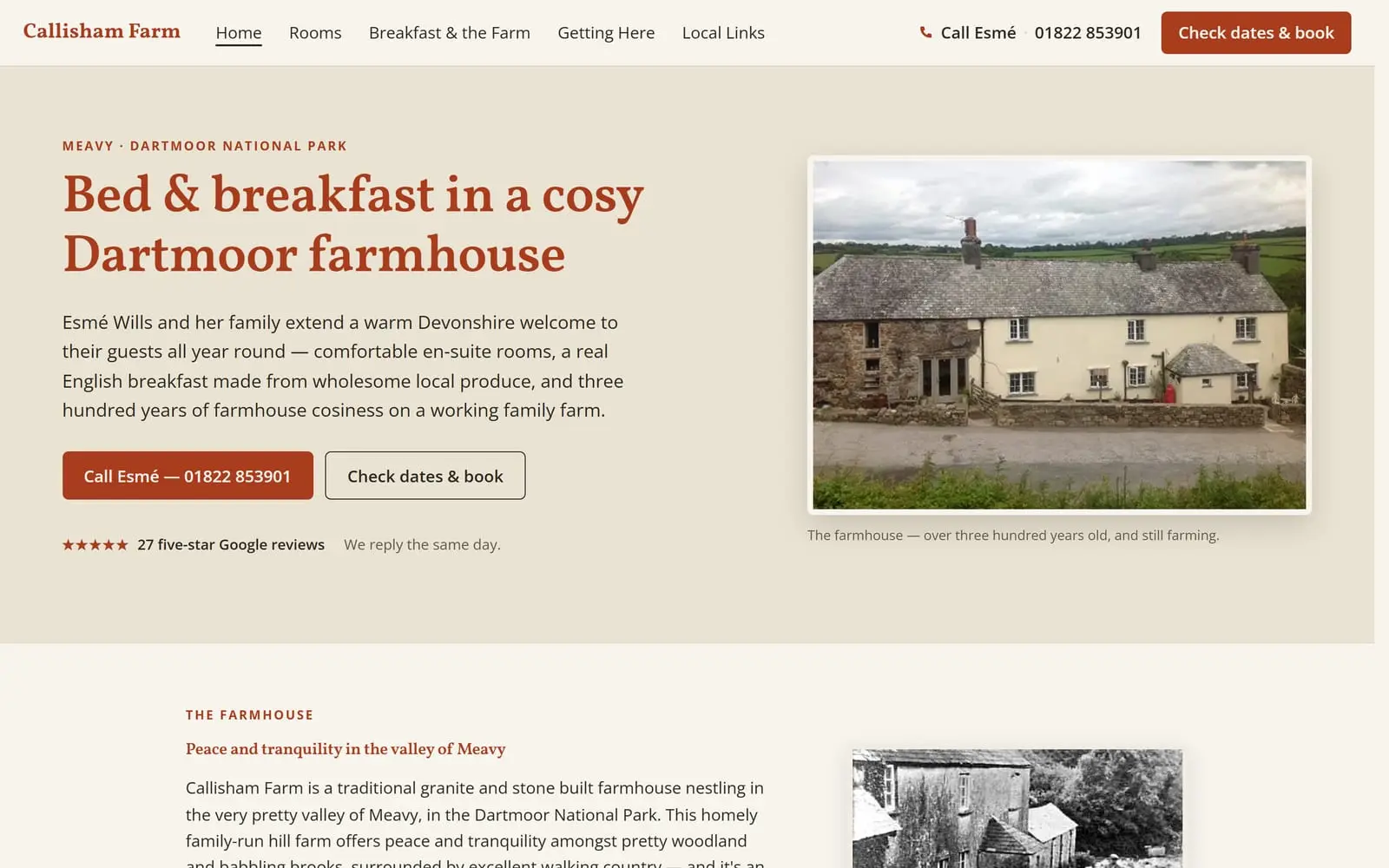 A farmhouse bed and breakfast website shown in a browser window with the matching phone view: a photograph of a Dartmoor longhouse, a call button and twenty-seven five-star reviews