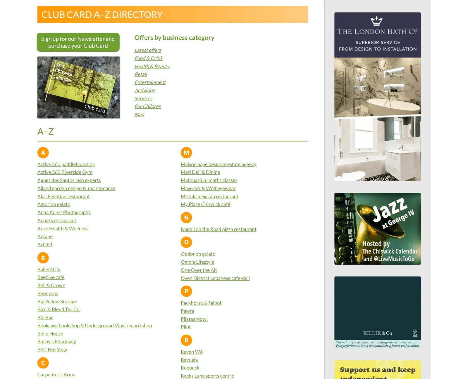 The Chiswick Calendar Club Card A to Z directory, member businesses listed alphabetically under orange letter badges in two columns, with links to offers by business category above and advertising down the right-hand side.