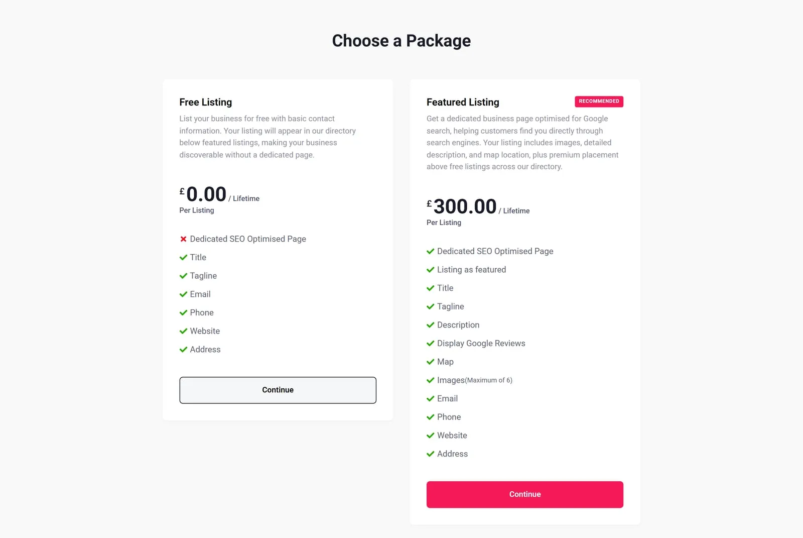 The Add Listing step headed Choose a Package, offering a free listing with basic contact details beside a recommended featured listing at three hundred pounds that adds a description, images, reviews and a map