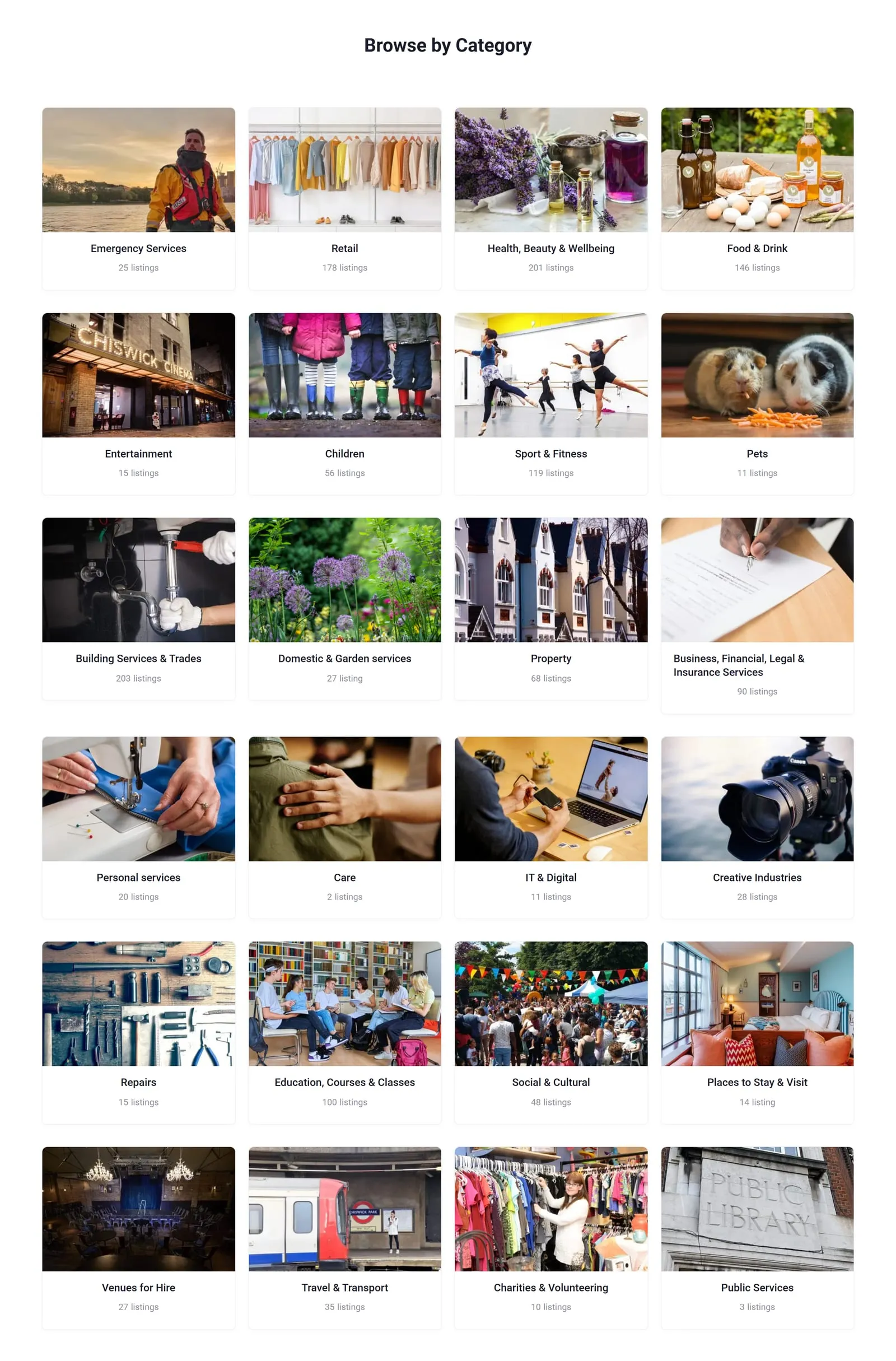 The Browse by Category grid: 24 photographed category tiles, each with its own listing count, from Emergency Services with 25 up to Building Services and Trades with 203 and Health, Beauty and Wellbeing with 201