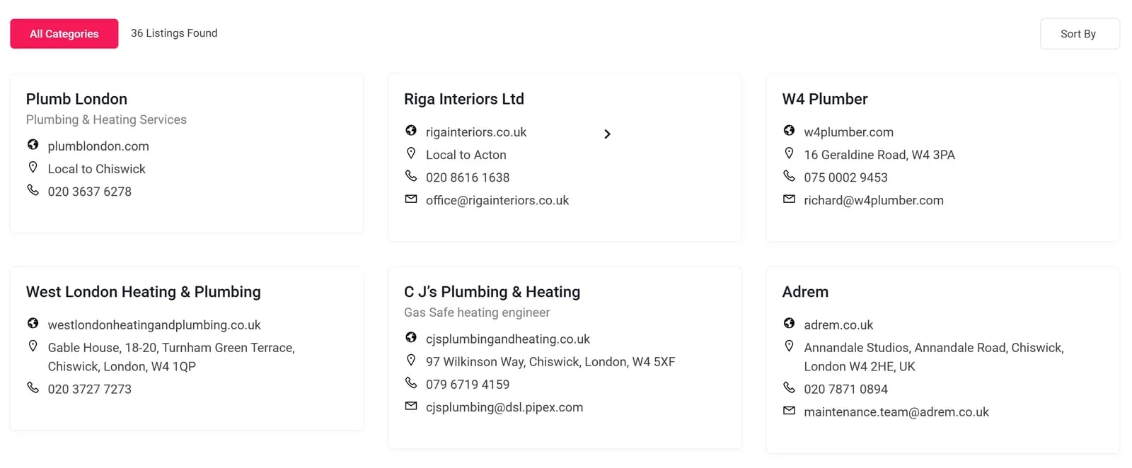 A results page inside the Plumbers category: a bar reading 36 Listings Found with an All Categories filter and a Sort By control, above cards carrying each business name, website, address and phone number