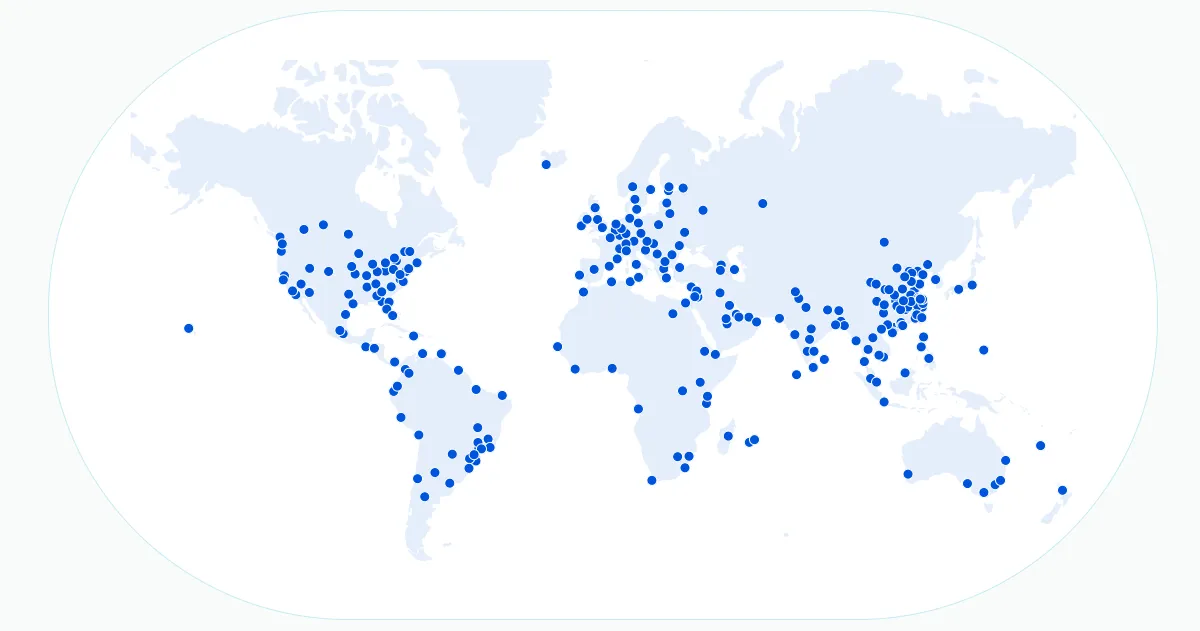 Cloudflare's network map — over 300 datacentres marked across every continent