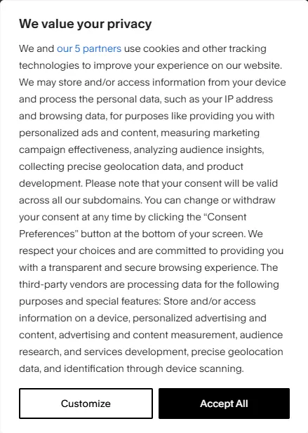 A typical cookie-consent banner — long paragraph of legalese, "Customize" and "Accept All" buttons