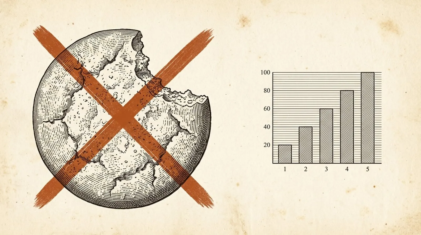 Vintage engraving of a biscuit crossed out in terracotta beside an untouched bar chart