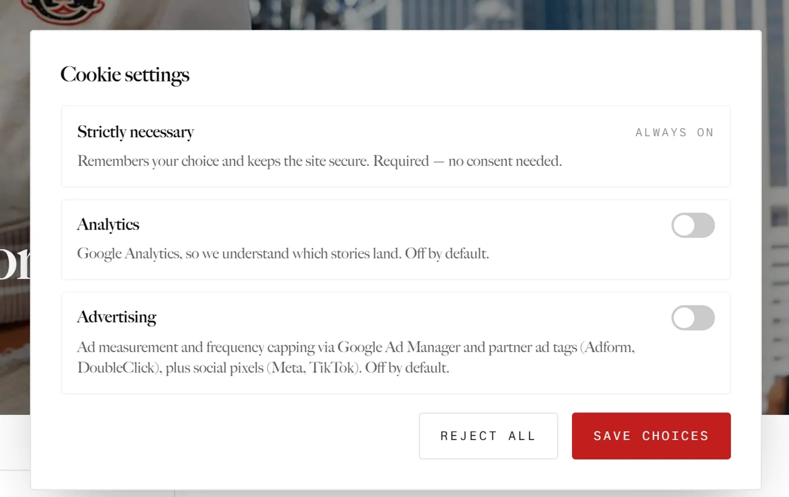 Culted’s cookie settings panel open over the homepage, with Strictly necessary marked always on, and separate Analytics and Advertising toggles both switched off, above Reject all and Save choices buttons.