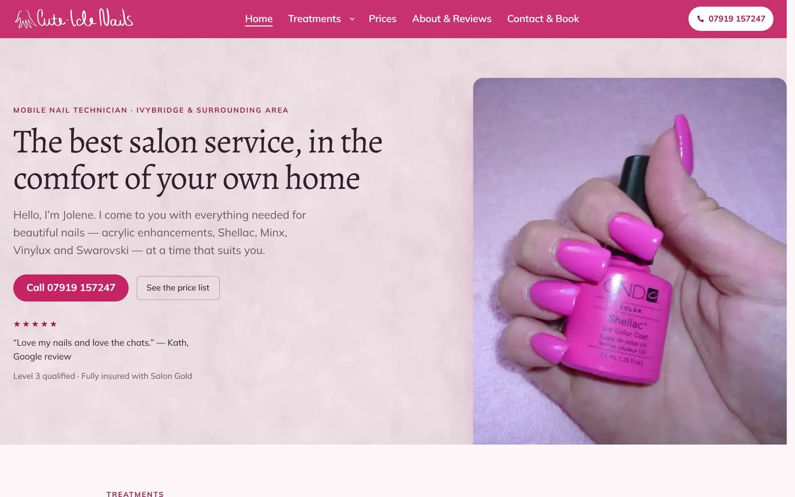 A mobile nail technician website shown in a browser window with the matching phone view: deep pink branding, a photograph of shellac nails, and a price list