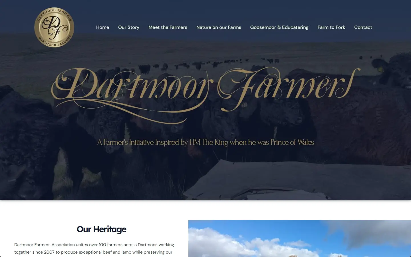 A farmers association website shown in a browser window with the matching phone view: moorland photography, the association story and meat-box ordering