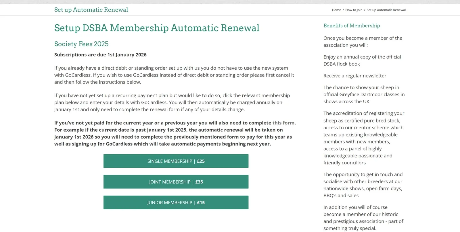The automatic renewal page explaining the recurring plan, with buttons for single, joint and junior membership at £25, £35 and £15.