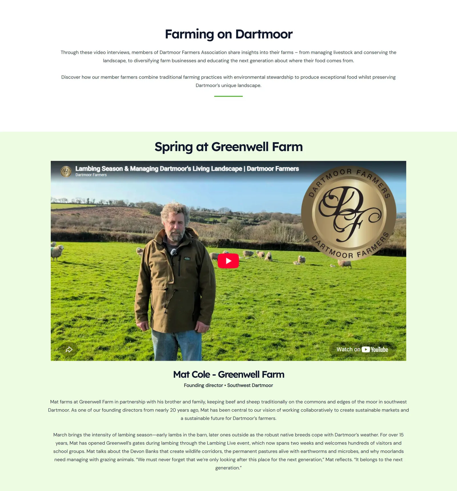 The Spring at Greenwell Farm section: the embedded film of Mat Cole standing among his sheep, with his farmer profile written out beneath it