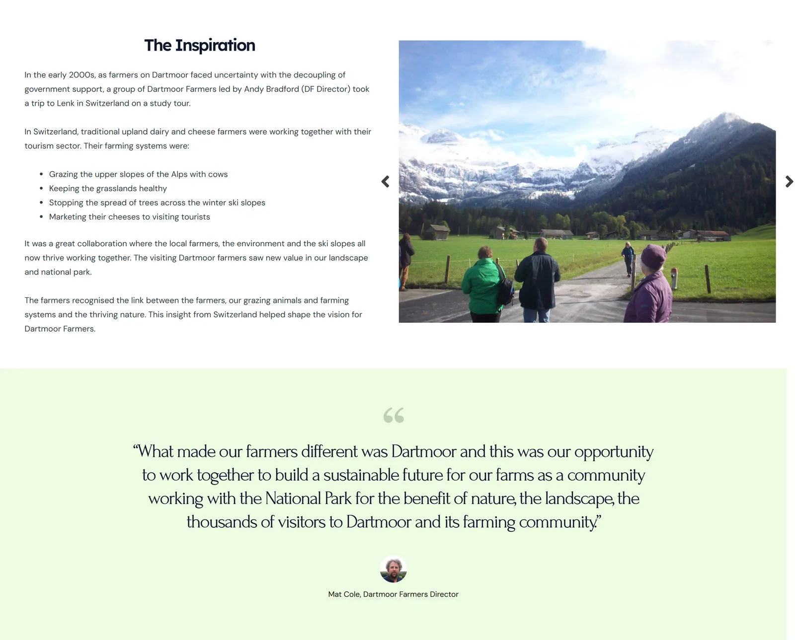 The Inspiration section on Our Story: the account of the Dartmoor farmers’ study tour to Switzerland, beside a photo from the trip, above a pull quote from director Mat Cole