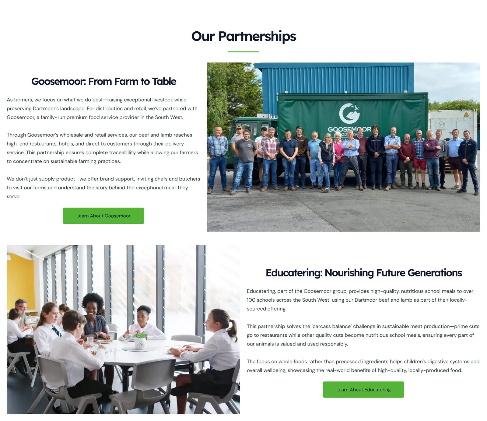 The Our Partnerships rows on the homepage, alternating full-height photographs of the Goosemoor team and an Educatering school lunch against columns of copy