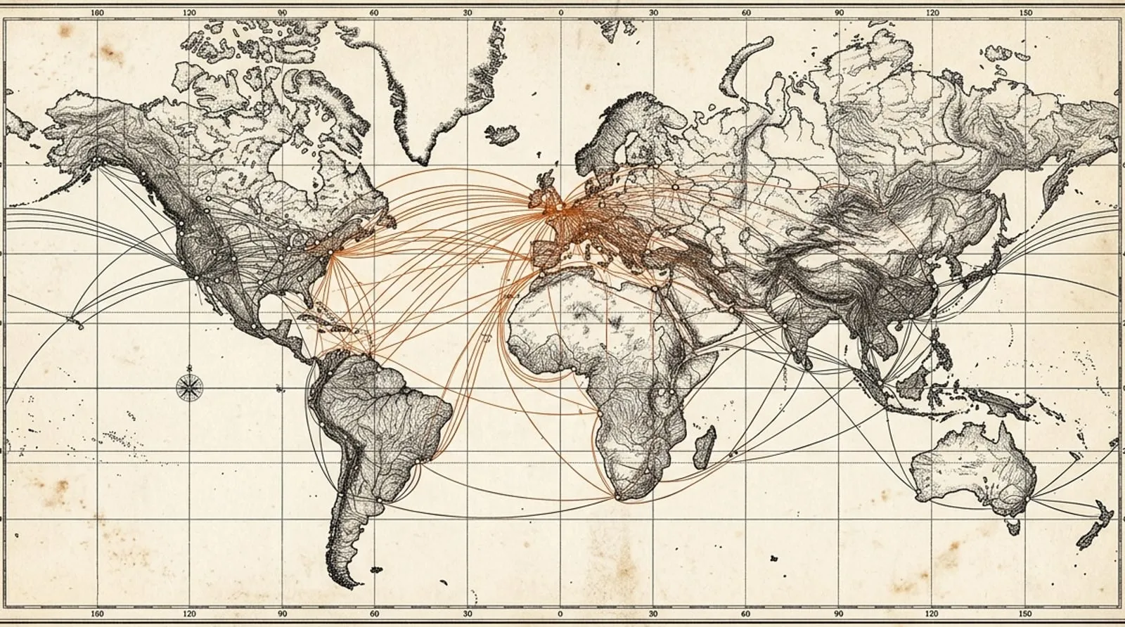 Vintage engraved world map with telegraph-style nodes connected by arcing terracotta lines