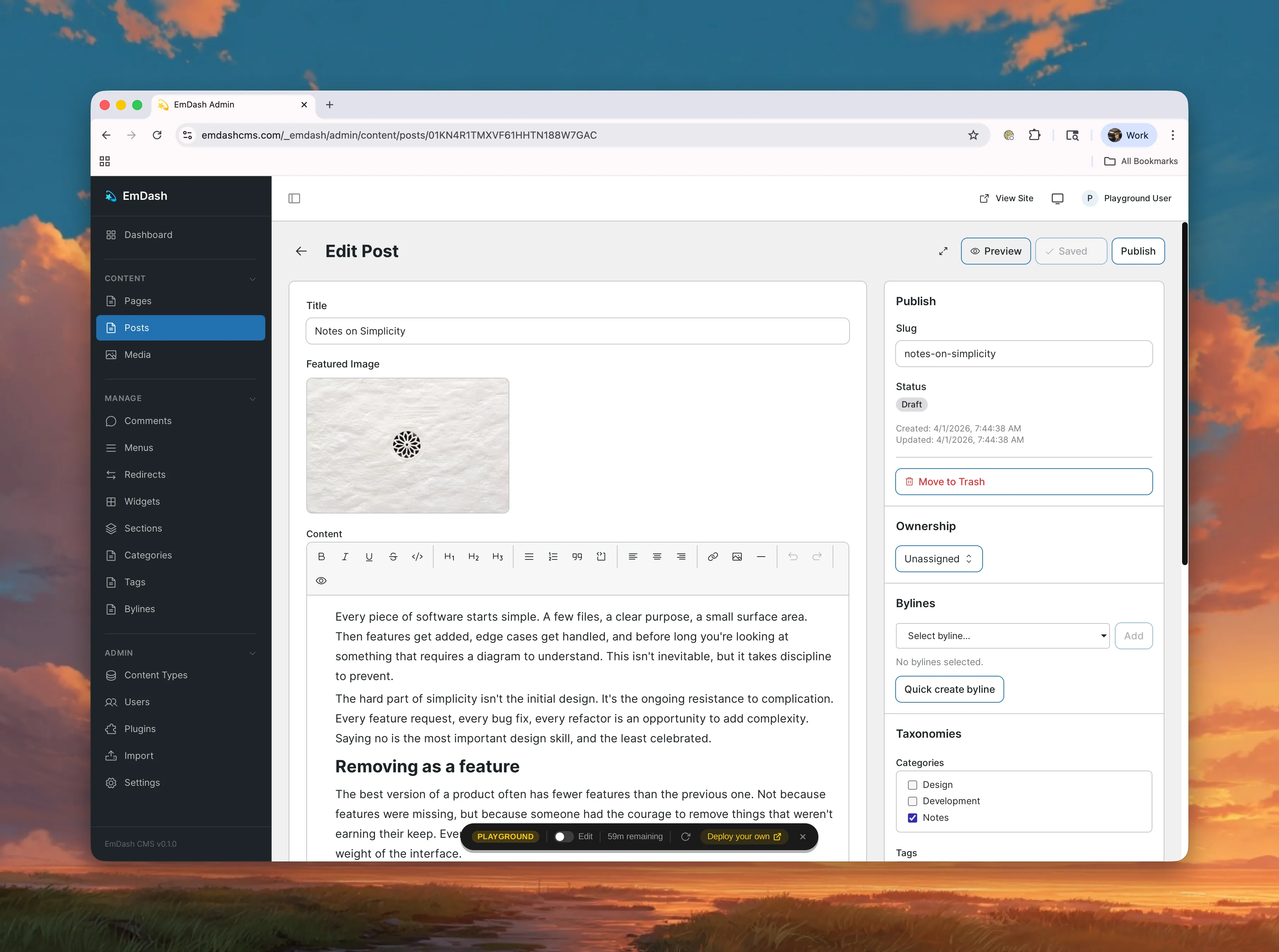 EmDash’s editor screen — the bones of a familiar admin, in a much younger CMS