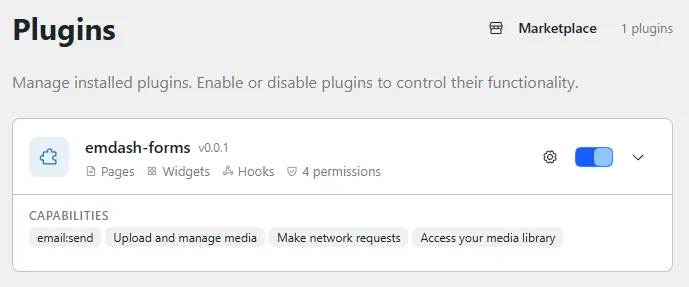 A plugin’s capability manifest in EmDash — every permission the plugin can use is listed up front