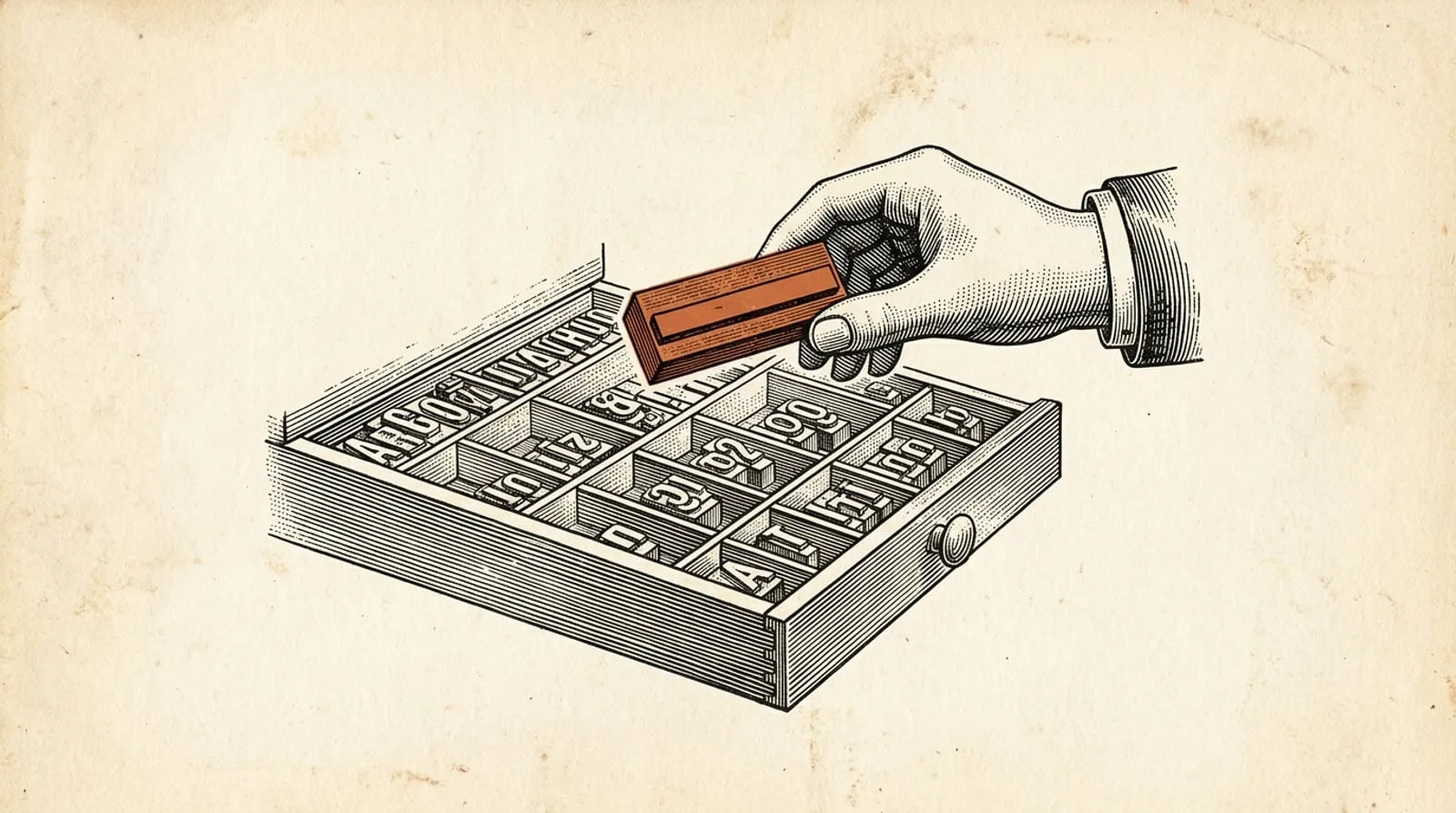 Vintage engraving of a hand lifting an oversized terracotta em-dash from a printer's type case