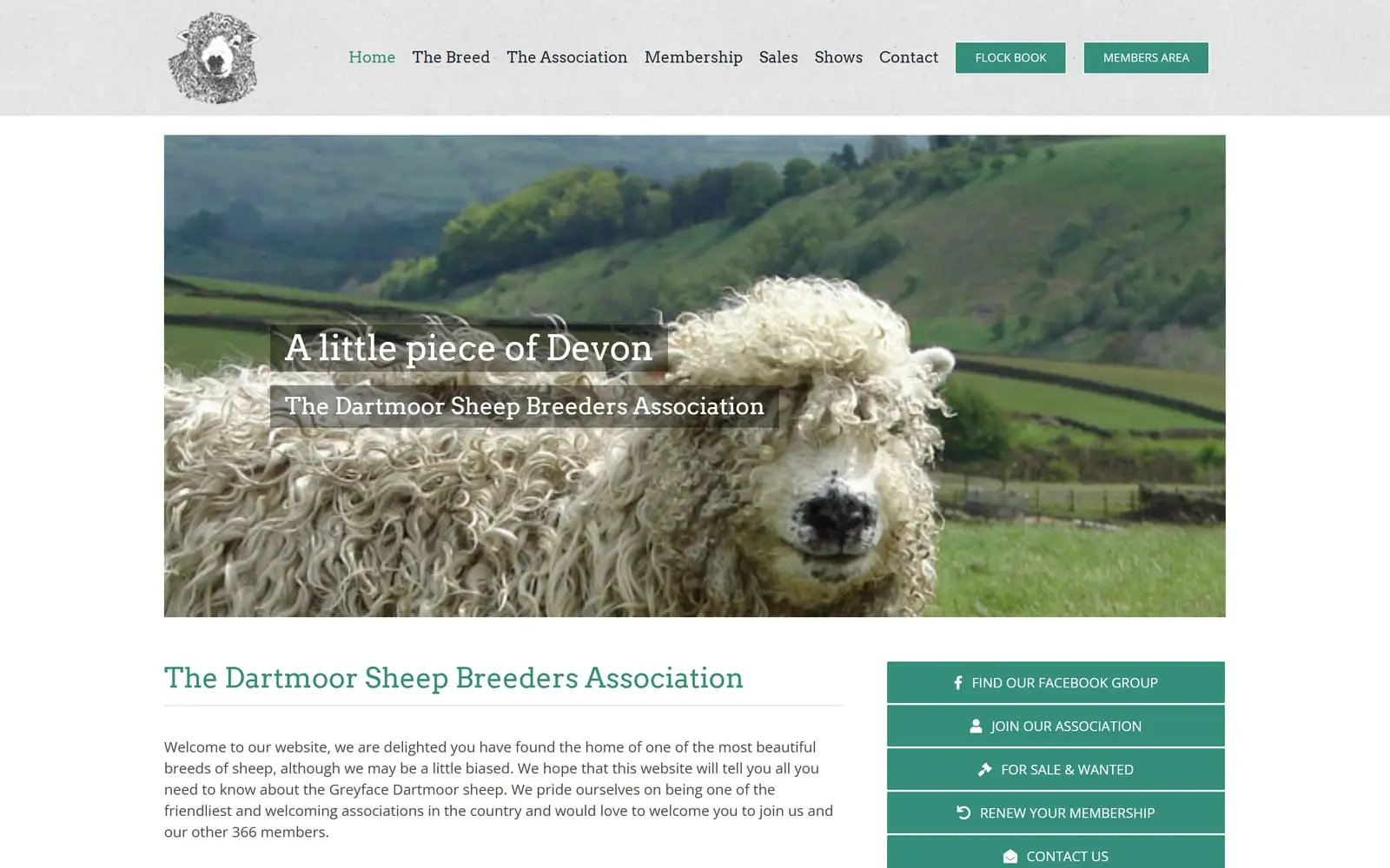 A breed association website shown in a browser window with the matching phone view: a Greyface Dartmoor sheep in a Devon valley, with membership, flock book and members area links