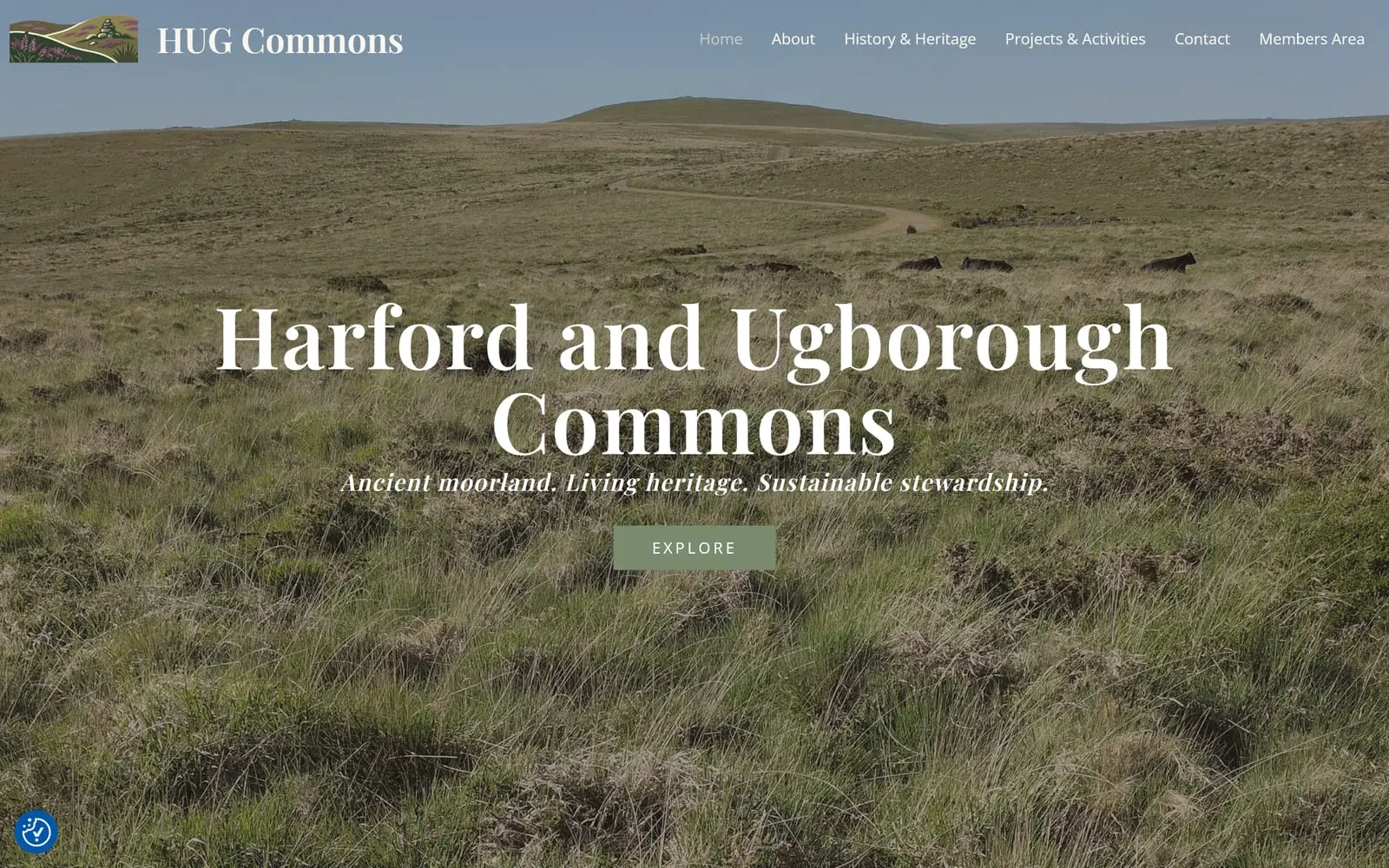 A commoners association website shown in a browser window with the matching phone view: open Dartmoor grassland under a wide sky and the association name across it