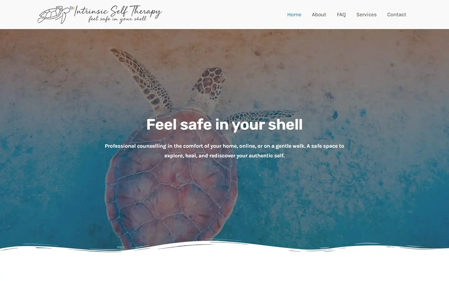 A counselling website shown in a browser window with the matching phone view: a sea turtle photograph filling the hero and the headline "Feel safe in your shell"