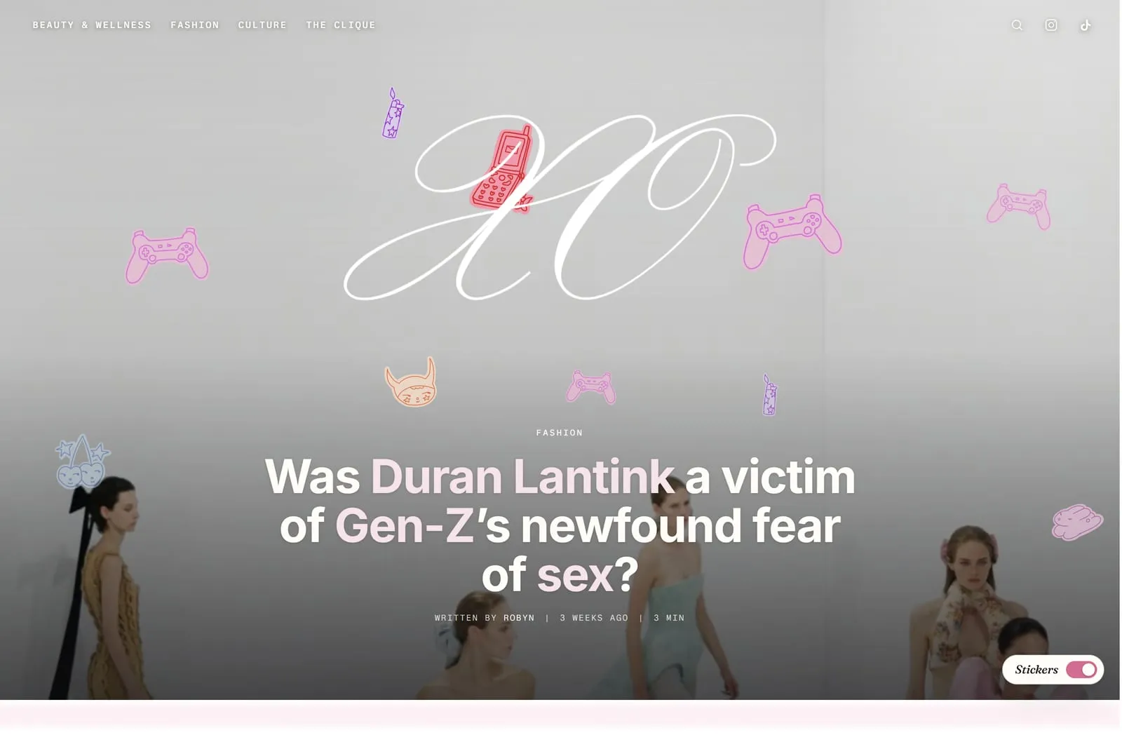 The XO homepage hero, its script logo and headline ringed by scattered pink stickers of a flip phone, games controllers, candles and cherries, none of them sitting on the words, with a Stickers on-off switch in the bottom right corner.