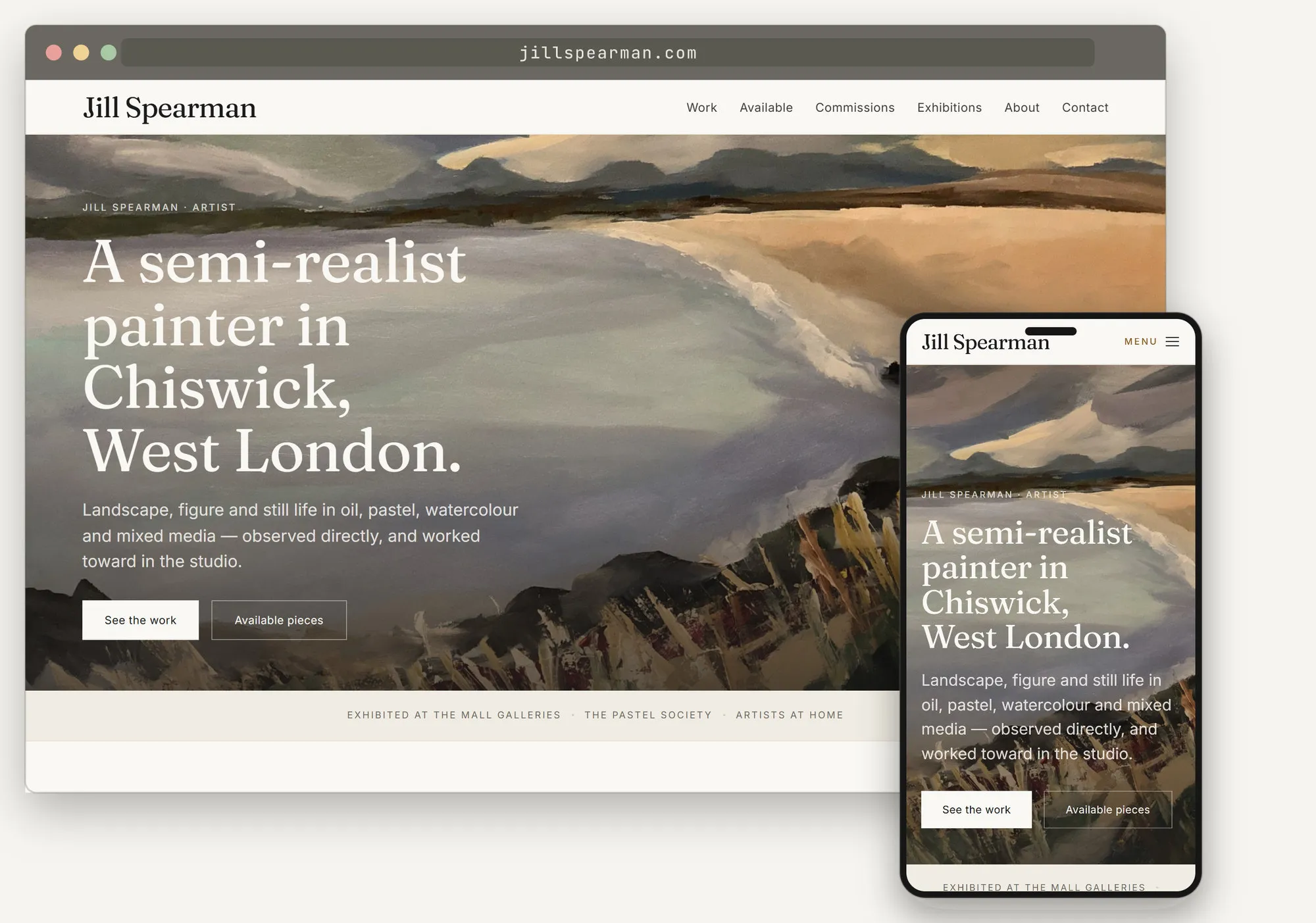 A complete website for the painter Jill Spearman shown in a browser window with the matching phone view: a landscape painting filling the hero, and the headline “A semi-realist painter in Chiswick, West London”