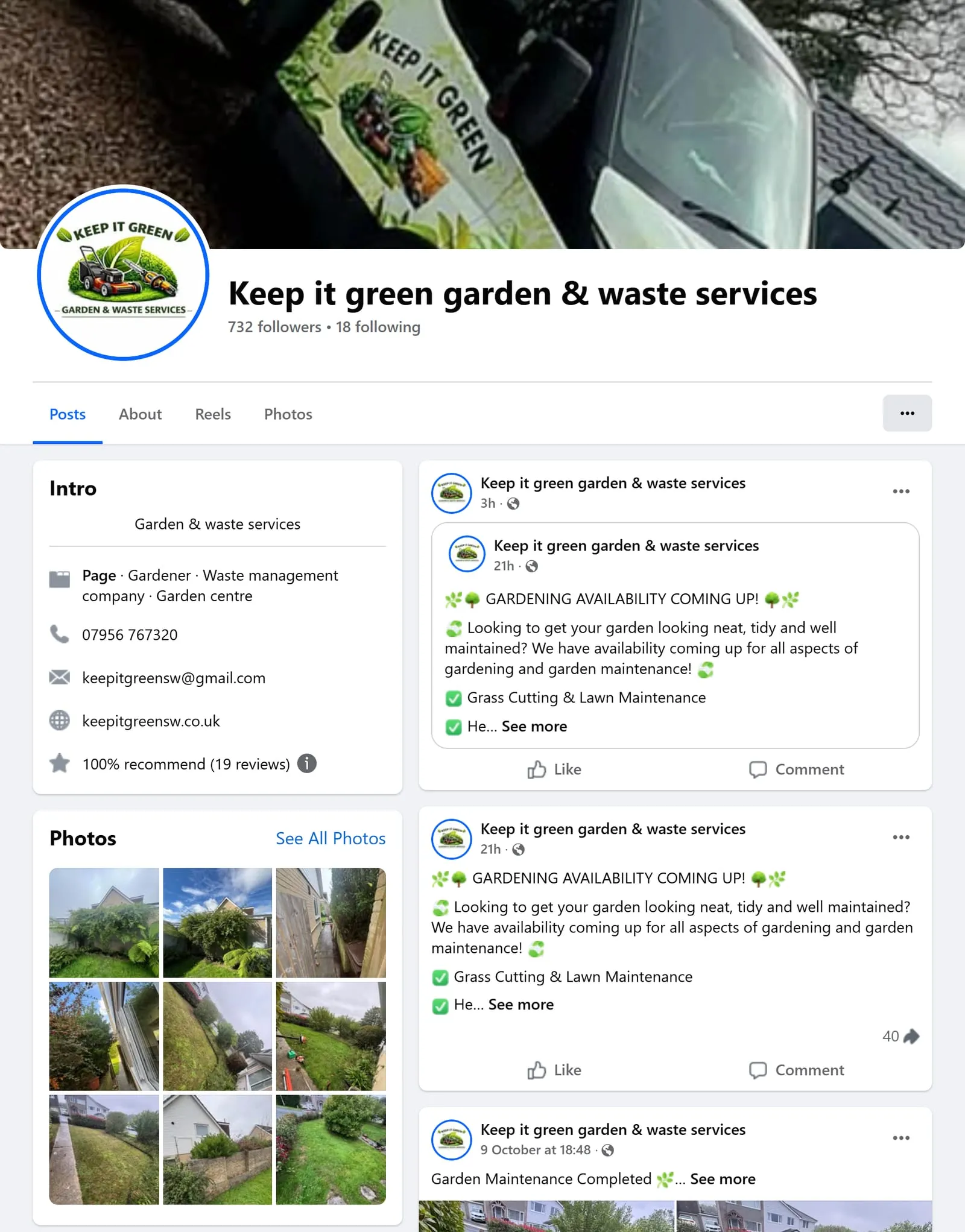 Keep It Green’s Facebook page as a visitor sees it: the wrapped van as the cover photo, the round logo, 732 followers, an intro card with the phone number, email and keepitgreensw.co.uk and “100% recommend (19 reviews)”, a grid of garden photos, and posts offering grass cutting and garden maintenance.