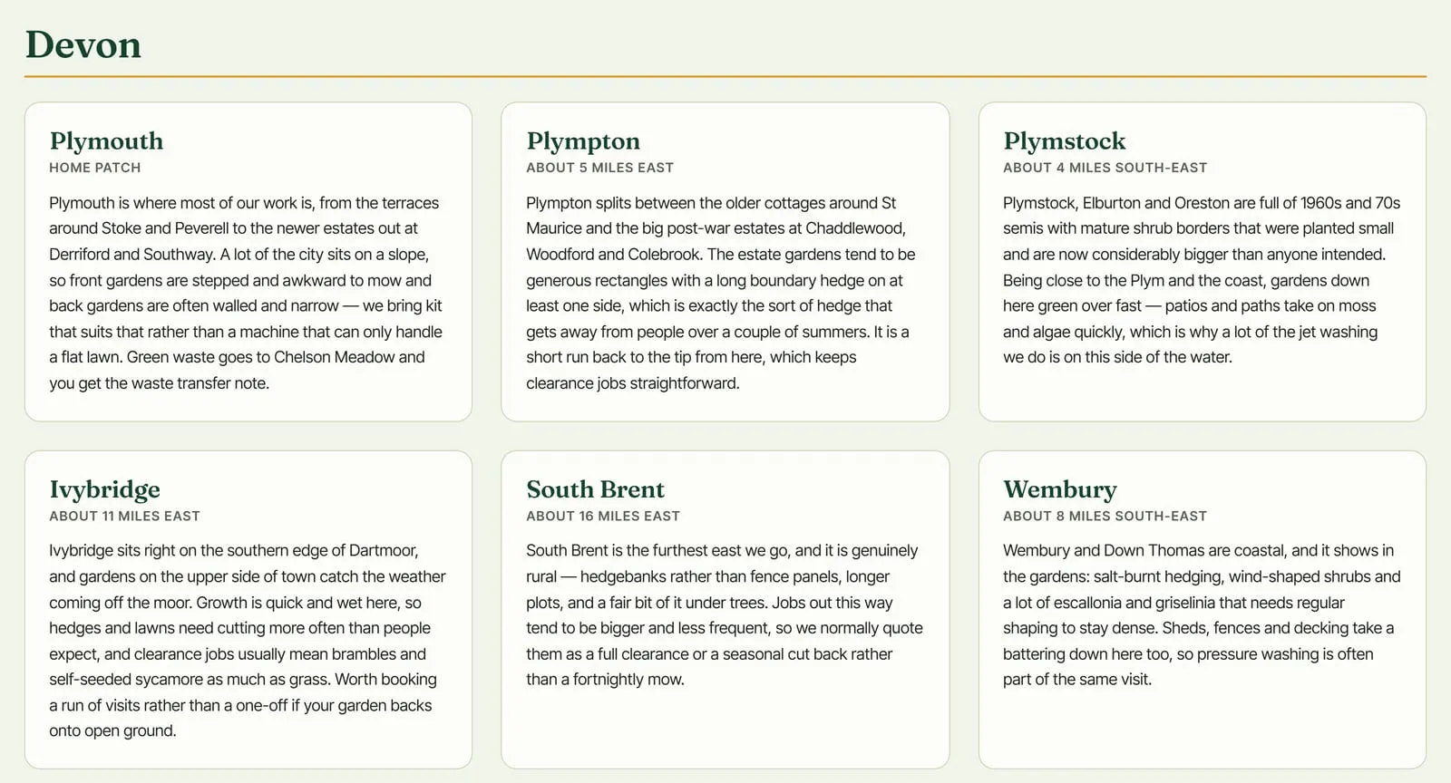 The Devon half of the areas page: Plymouth, Plympton, Plymstock, Ivybridge, South Brent and Wembury, each in its own card with its distance from Plymouth and a paragraph about the gardens there.