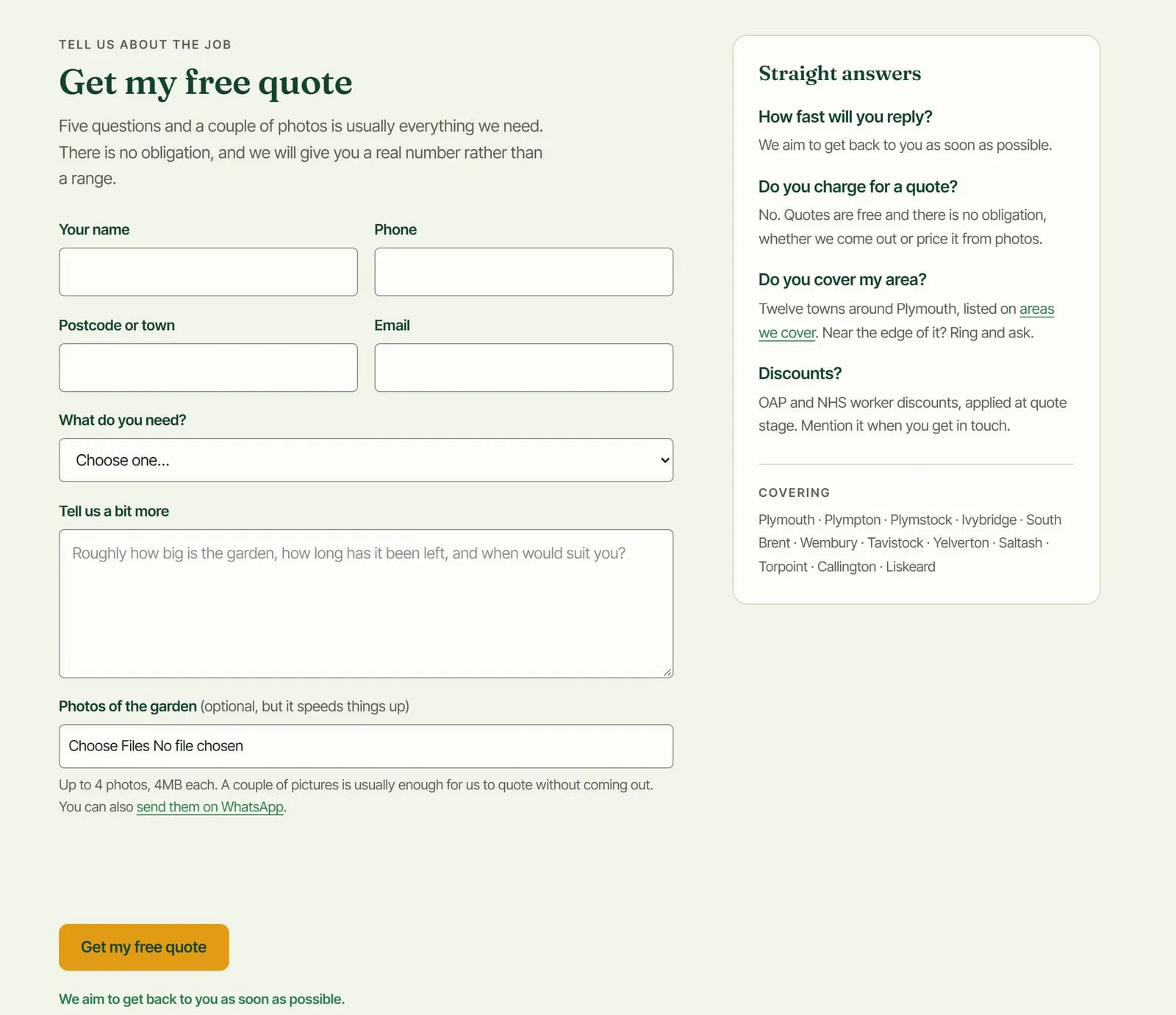 The Get my free quote form: name, phone, postcode or town, email, a dropdown for the job, a box for details and a field for up to four photos, beside a Straight answers panel covering reply times, free quotes, the area covered and discounts.