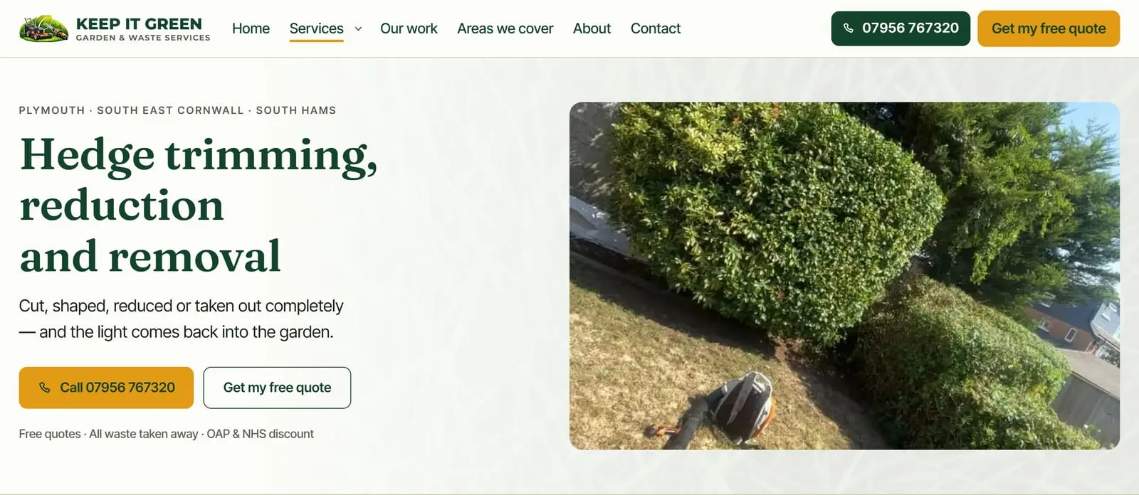 The top of the Keep It Green hedge trimming page: the headline “Hedge trimming, reduction and removal” under the areas they cover, call and quote buttons, and a photo of a freshly cut hedge beside a lawn.