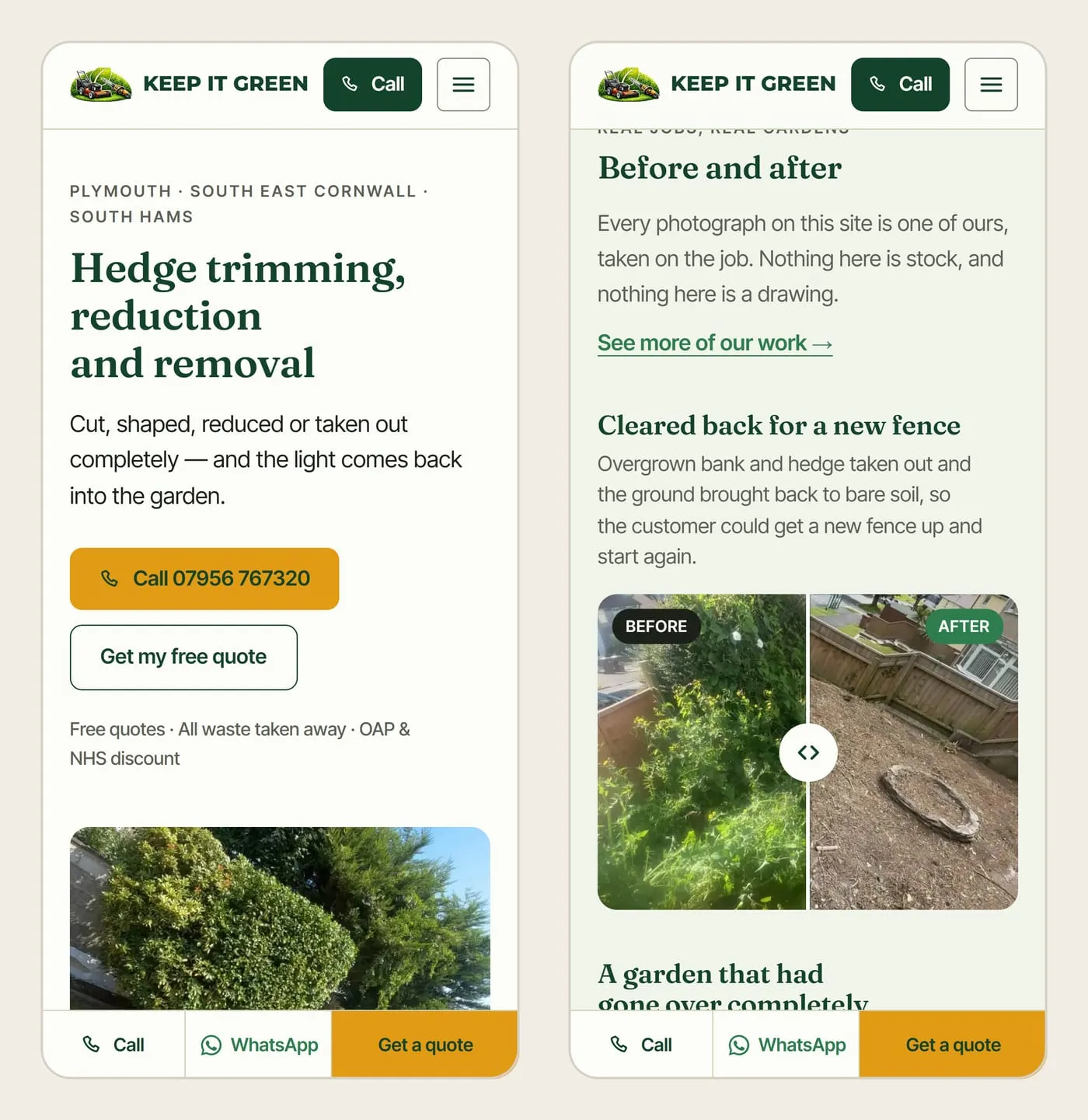 Two phone screens side by side: the top of the hedge trimming page, and the before and after section with its drag handle, each with the Call, WhatsApp and Get a quote bar along the bottom.