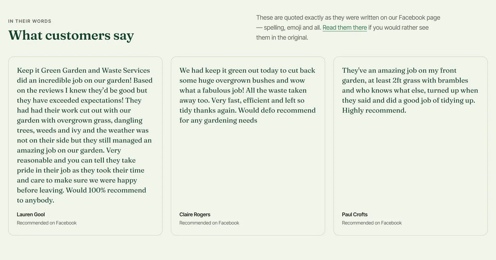 The What customers say section: three Facebook recommendations quoted in full in cards, each signed with the customer’s name and “Recommended on Facebook”.