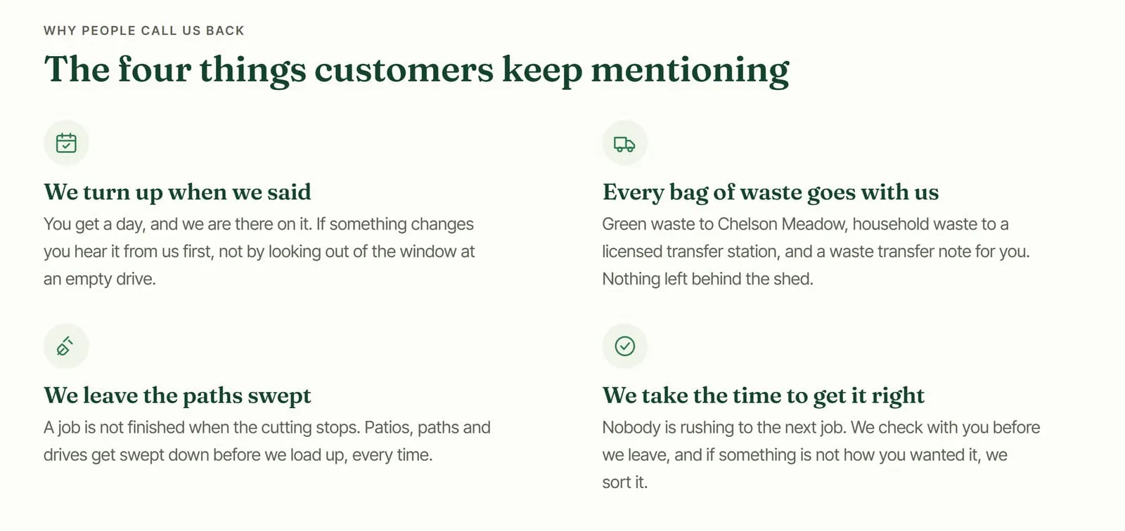 The Four things customers keep mentioning section: We turn up when we said, Every bag of waste goes with us, We leave the paths swept, and We take the time to get it right, each with a small icon and a short paragraph.