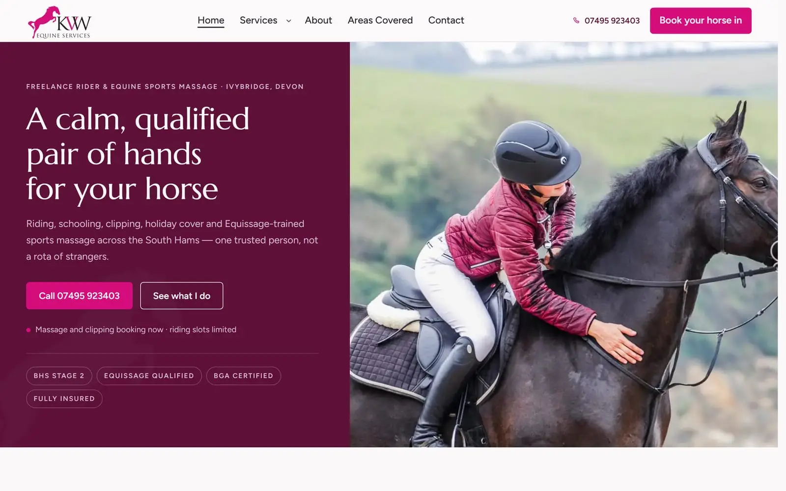 An equine services website shown in a browser window with the matching phone view: a deep plum hero and a photograph of a rider schooling a horse