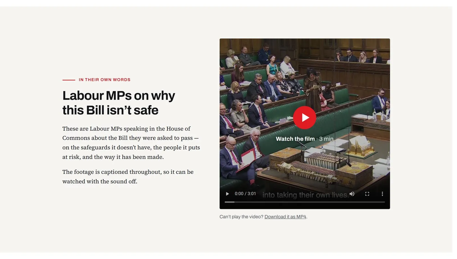 The campaign film section: the video with a play control, a three minute running time, a note that the footage is captioned throughout, and a link to download it as MP4