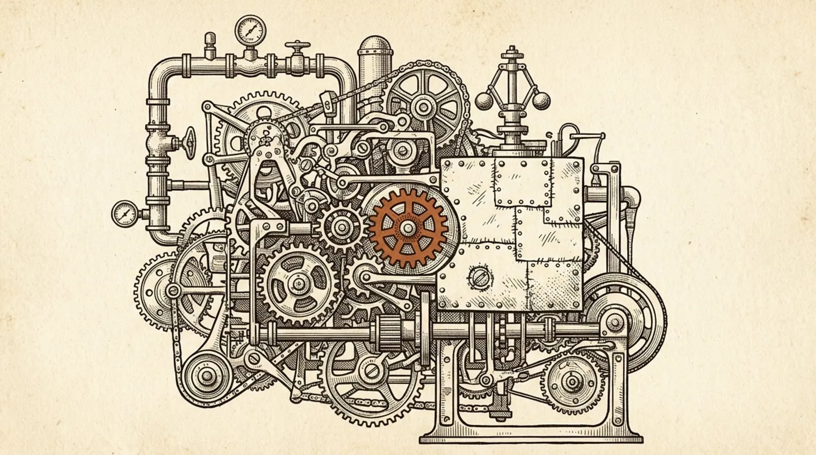 Vintage engraving of an over-complicated machine of gears and patched-on parts, one gear picked out in terracotta