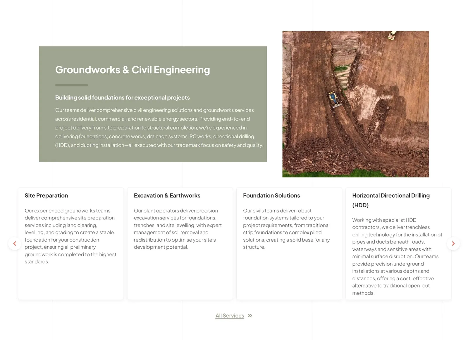 The Groundworks and Civil Engineering block: a green description panel, an aerial photo of an excavation, and four service cards each with its own paragraph.