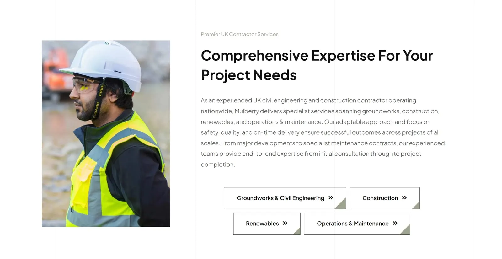 The Mulberry services page introduction with four buttons below it: Groundworks and Civil Engineering, Construction, Renewables, and Operations and Maintenance.