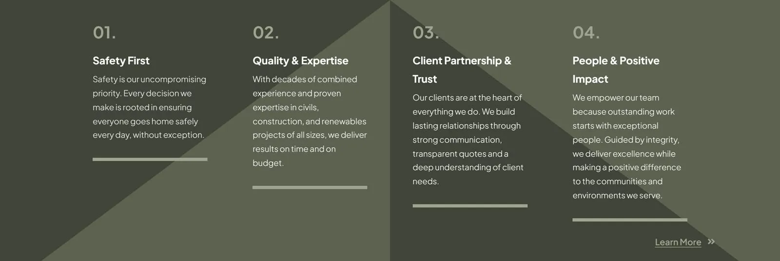 Four numbered standards across a dark green band: Safety First, Quality and Expertise, Client Partnership and Trust, People and Positive Impact.