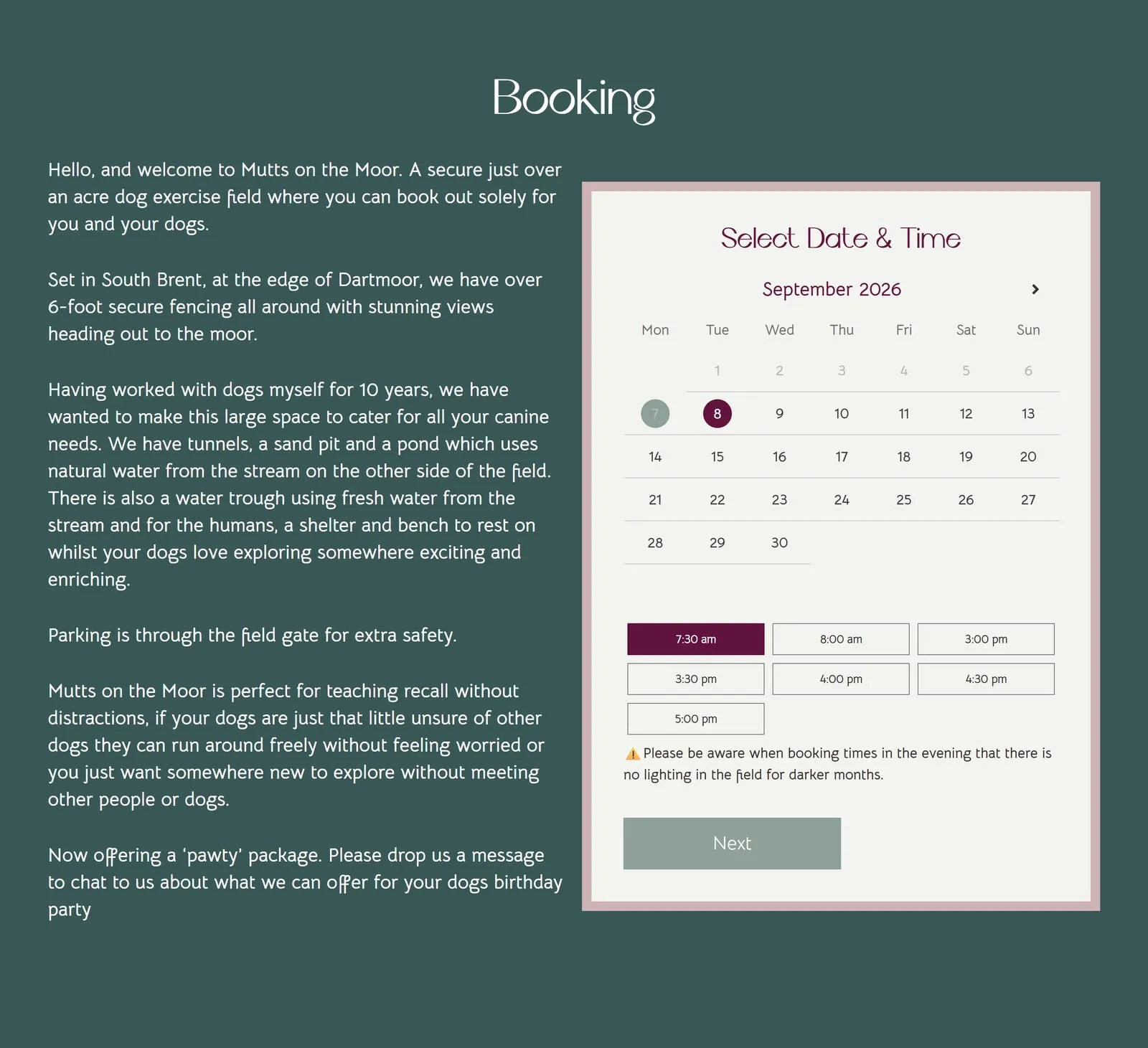 The booking section of muttsonthemoor.co.uk, with a September calendar beside the field description and seven bookable slots from 7:30am to 5pm.