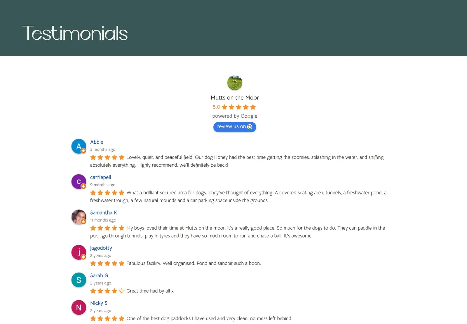 The testimonials page showing a 5.0 Google rating and seven customer reviews with star ratings and dates.