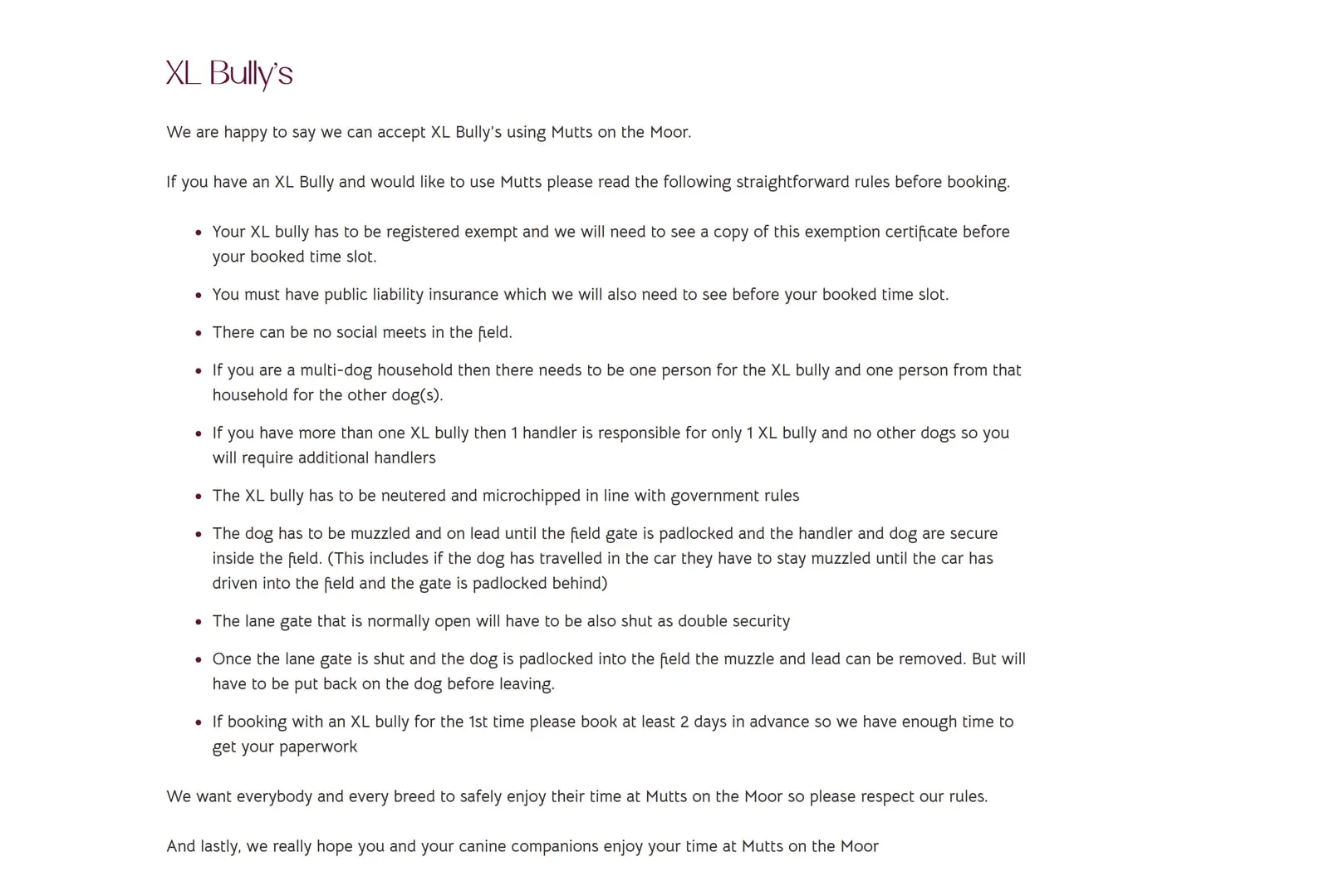The XL Bully section of the terms page, listing eleven conditions including an exemption certificate, public liability insurance and muzzle and gate rules.